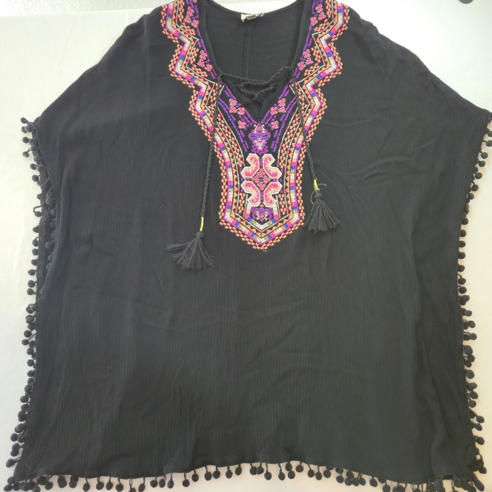 Avenue 16 Black Boho Embroidered Poncho Tunic Tassel Festival Beach Cover Up